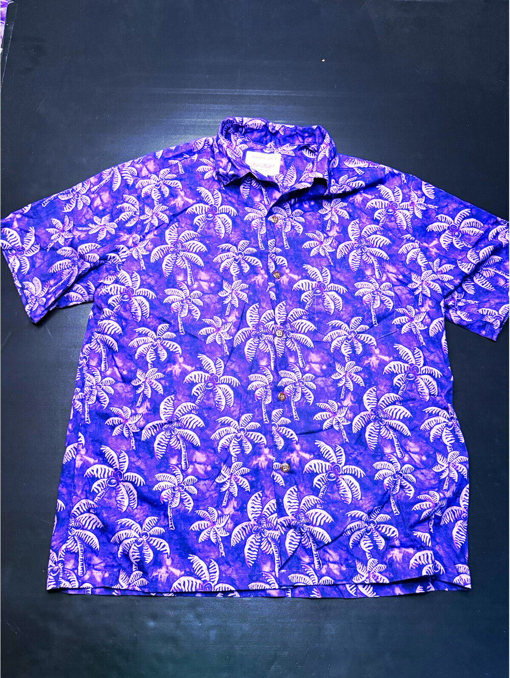 Hilo Hattie Trader Joe's Men's L Purple Palm Tree Short Sleeve Button-Up Cotton